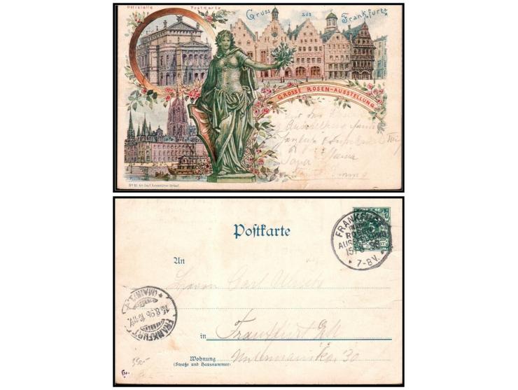 Germany – 1898 Frankfurt Rose Exhibition Postcard – Pre-printed “Gruss aus Frankfurt” design promoting the Grosse Rosen-Ausst