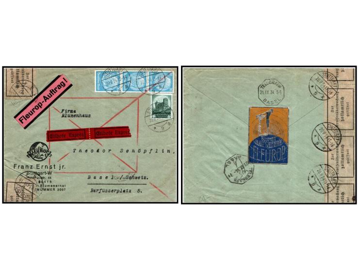 Germany – 1934 Fleurop Exhibition Commemorative Cover to Switzerland – Franked with Deutsches Reich stamps and “Silbete Expre