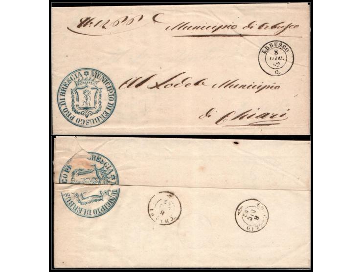 ITALY – 1862 Stampless Cover from Erbusco to ChiariFolded official letter dated 8.12.1862, sent from the Municipio di Erbusco