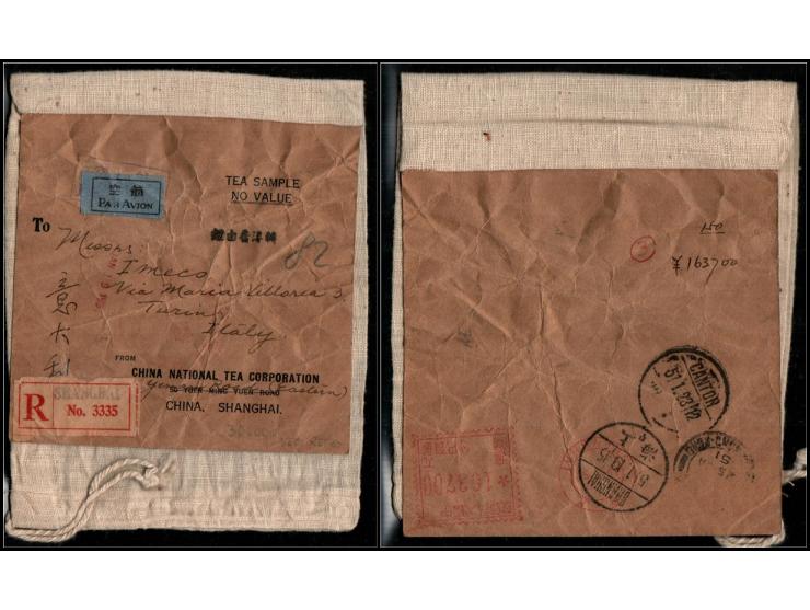 China 1951, Registered Canvas Bag Cover – Tea Sample Sent from Shanghai via Canton to ItalyUnusual and scarce postal item: sm