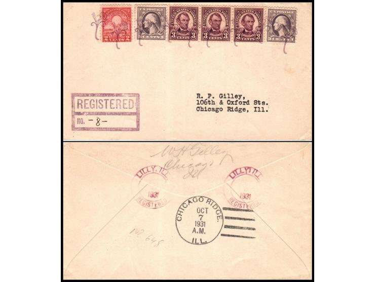 USA, 1931 Registered Cover from Chicago Ridge to Lilly, Illinois, bearing multiple franking canceled by rare lily-shaped hand