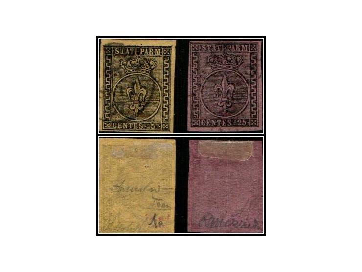 Duchy of Parma – 1852 Bourbon Lily Series.Two classic early stamps from the Duchy of Parma, Piacenza, and Guastalla:5c black 