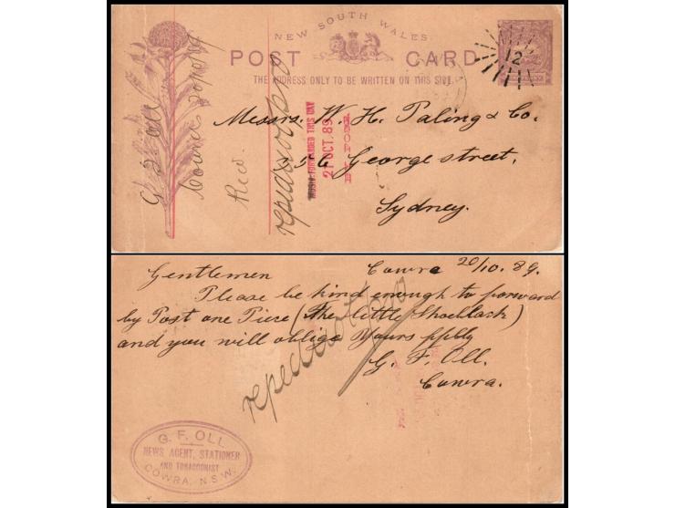 NEW SOUTH WALES – 1889, 1d Red Postal Stationery CardPosted from Cowra to Sydney on 20 Oct 1889, cancelled by fine "sunburst"