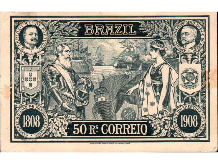 BRAZIL - 50 Rs Correio 1808-1908 Carlos I, Afonso Pena - American Bank Postcard.