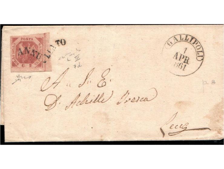 ITALIAN STATES – NAPLES, 1861: Cover franked with 2 grana red (Sassone 7d), cancelled by distinctive “Svolazzo” handstamp. Se