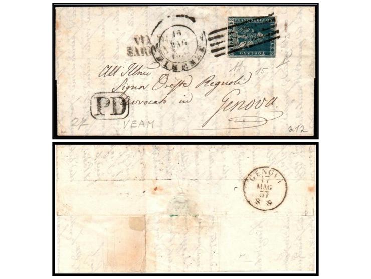 ITALIAN STATES – TUSCANY. 1857 (May 16) Folded letter from Firenze to Genova, franked with 6 crazie green on grey-blue (MiNr.