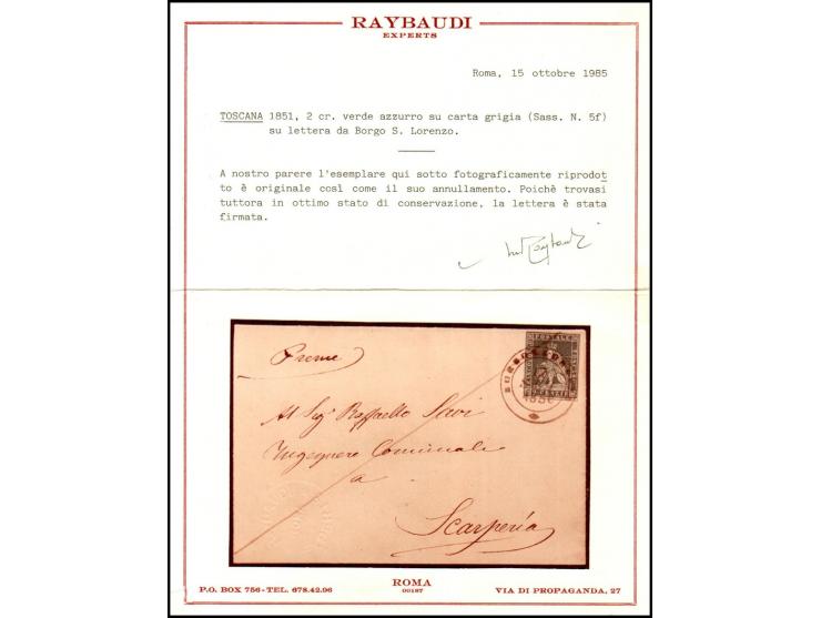ITALIAN STATES – TUSCANY, 1851. Folded letter from Borgo S. Lorenzo, franked with 2 crazie blue-green on grey paper (Sassone 