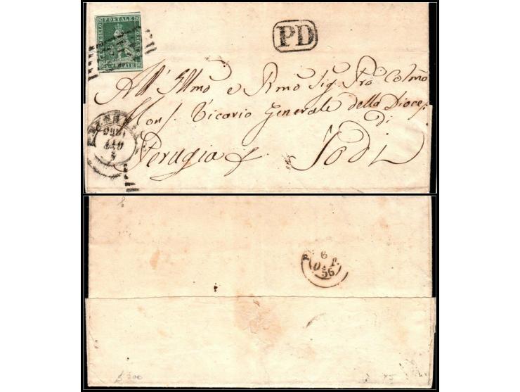 ITALIAN STATES – TUSCANY, 1856: Cover from Florence to Lodi (Perugia), franked with 4 crazie green on grey (Sassone 7, MiNr. 