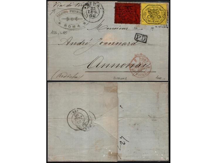 Italian States — Papal States. 1868 cover to France franked with III issue stampsFolded letter sent from Rome to Annonay, Fra