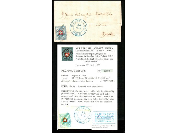 Switzerland 1851 – Rayon I, Zst. 17 II Type 22, C2 (RU) on Folded LetterA classic Rayon I cover, franked with Zst. 17 II Type