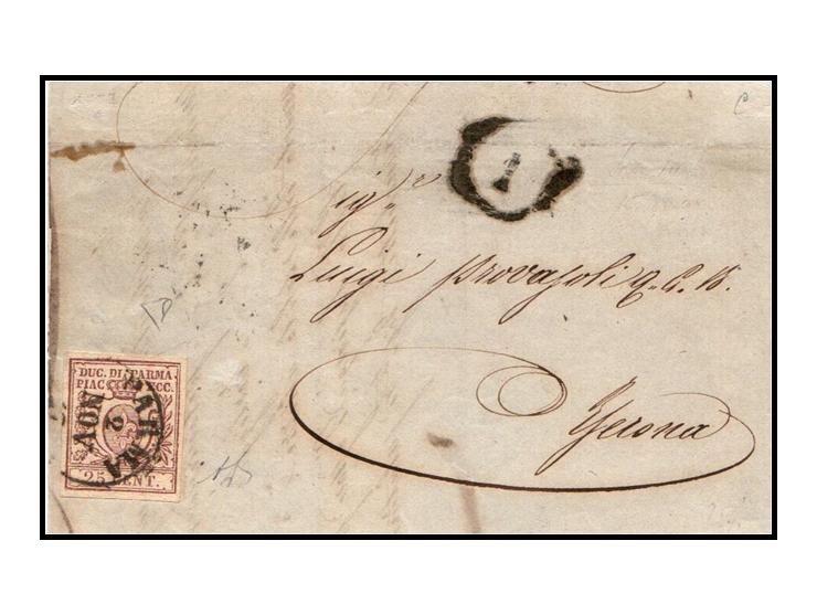 Italian States — Duchy of Parma, 1857, 25c lilac‑brown cover from Parma to VeronaFolded entire sent 2 November 1857 from Parm