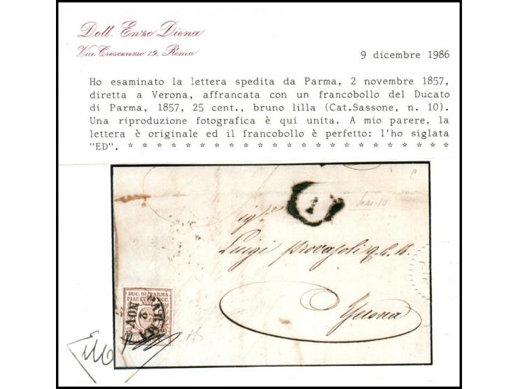 Italian States — Duchy of Parma, 1857, 25c lilac‑brown cover from Parma to VeronaFolded entire sent 2 November 1857 from Parm