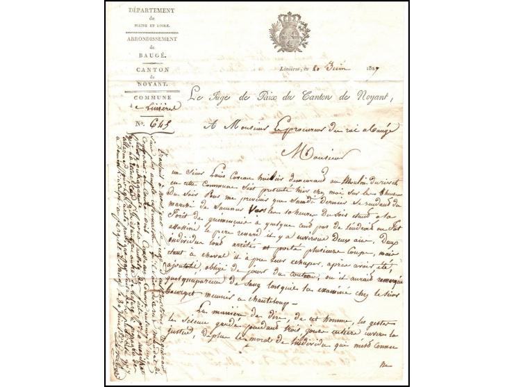 France, 1827 (20 Juin). Folded entire from Linières (Maine-et-Loire, 47) to Baugé. Pre-philatelic official letter exempt from