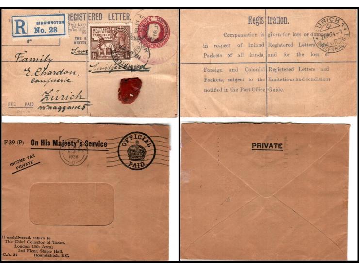 1924 George V 4½d registered postal stationery envelope from Birmingham, Kent, to Zurich, uprated with 1½d Wembley Exhibition