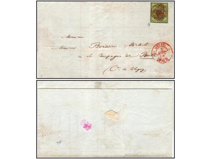 1846, Canton Geneva. Folded letter from Geneva to Cologny, dated 8 August 1848, franked with 5c black/yellow-green “Grosser A