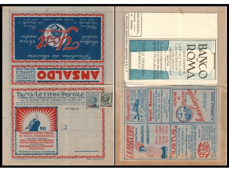Italy, 1921-23, The B.L.P. overprinted postal stationery issue. Pre-printed 25c postal stationery card with red B.L.P. overpr