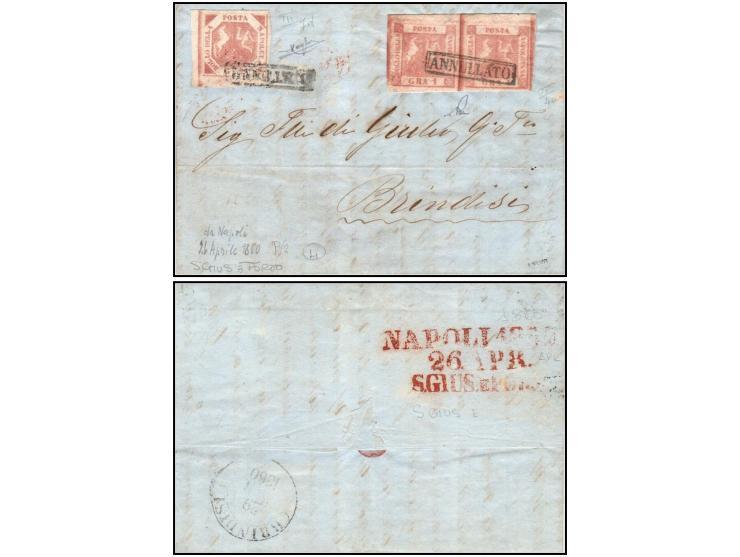 Italian States, Napoli 1860, Folded letter Napoli to Brindisi franked with 1gr. rose-pink horizontal imperf pair (Sassone # 4