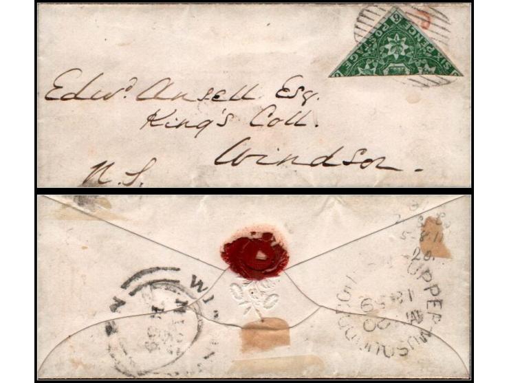 Nova Scotia 1851–60 6d yellow-green (S.G. 5a), diagonal bisect used provisionally to pay the 3d domestic rate, tied by mute o