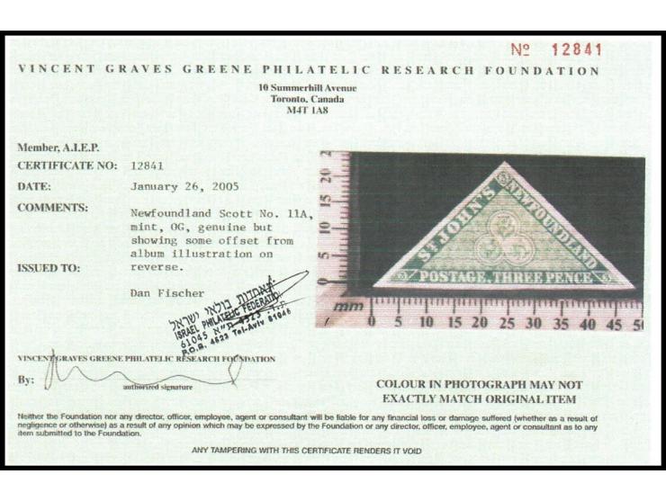 Newfoundland 1860, SG 11a. Scott No. 11A, 3d. Queen Victoria’s profile, mint with original gum, genuine as certified by Vince