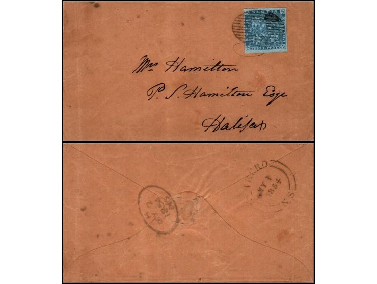 Nova Scotia, 1854 cover from Truro to Halifax, franked 3d Dark Blue (SG 3) with near-perfect margins, paying the domestic rat