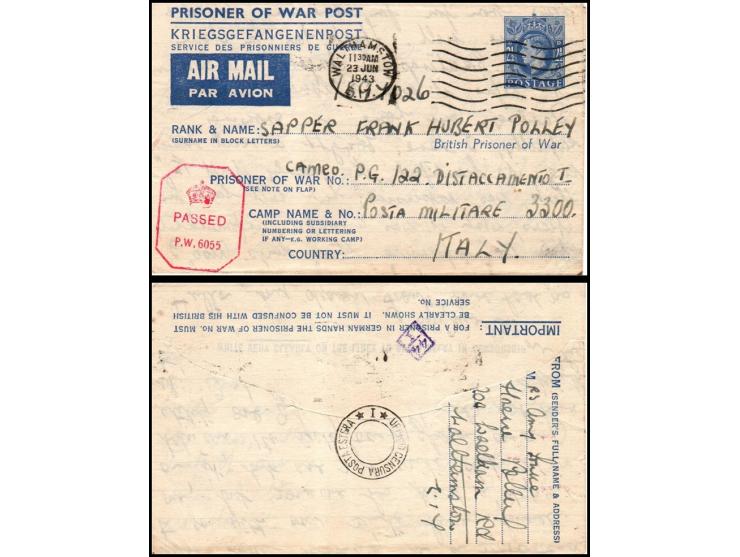 1943 WWII POW Airmail Cover to Italy – Campo P.G. 122 Distaccamento TAddressed to Sapper Frank H. Polley, British POW at Camp