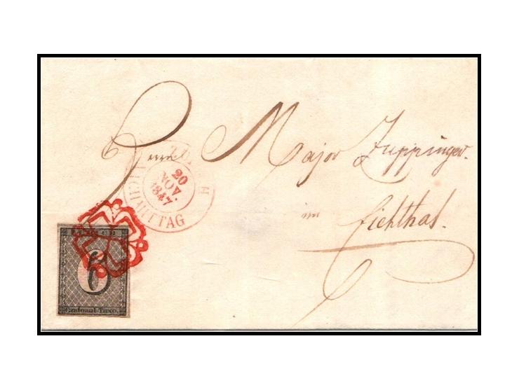 Switzerland 1843 Canton of Zurich 6 Rp black numeral design with horizontal red underprint (No. 2W, Type 3), single on white 
