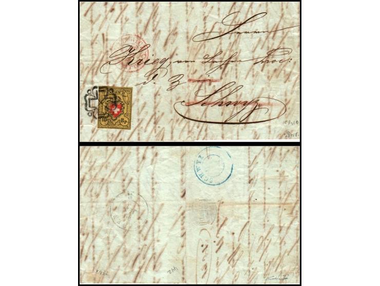 Switzerland 1850 Rayon II 10 Rp (yellow/black/red, no frame around cross; Scott 8 / Zumstein 16 II , SG 10) on folded letter 