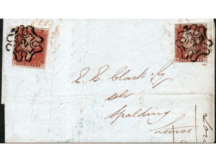 England, 1843 – folded letter from London to Spalding, Lincolnshire, franked with two 1d Red stamps (lettered P I and Q A, Pl
