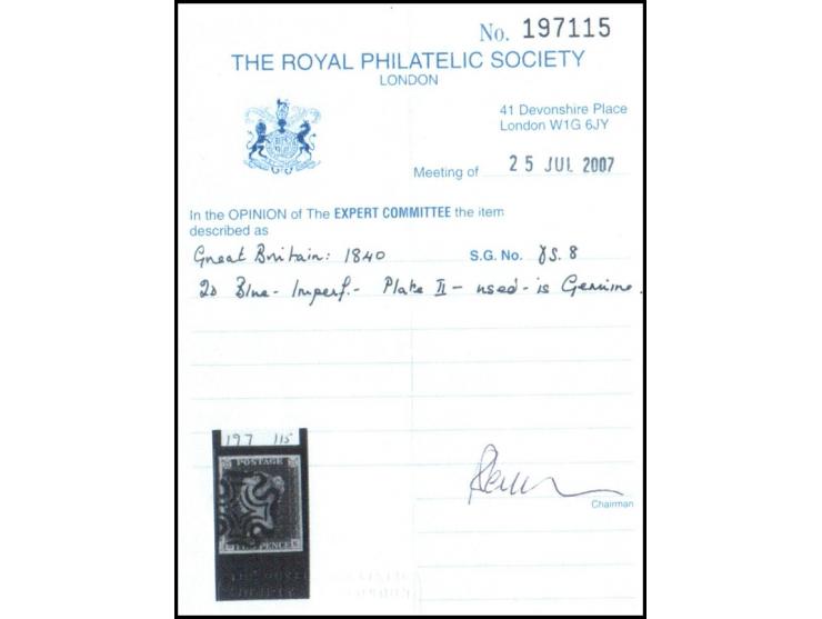 Great Britain 1840 2d Blue, Imperforate, Plate II (SG 8)A genuine used example as certified by the Royal Philatelic Society L