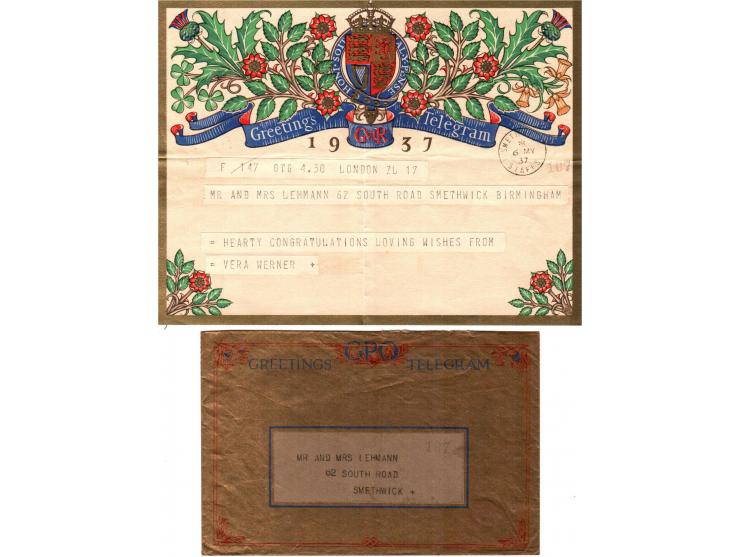 GB 1937 KGVI Coronation Greetings Telegram &amp; EnvelopeGold GPO envelope with blue “Greetings Telegram” inscription and red