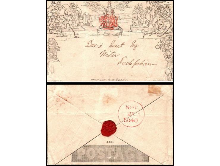 Great Britain 1840 1d Mulready Envelope (U1), Forme 1, Stereo A134Backdated November 21, 1840, addressed to Ecclefechan, Scot