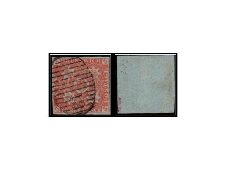 1851 New Brunswick #1, 3d bright red on blue heavy woven paper. A striking example of this iconic imperforate issue, cancelle