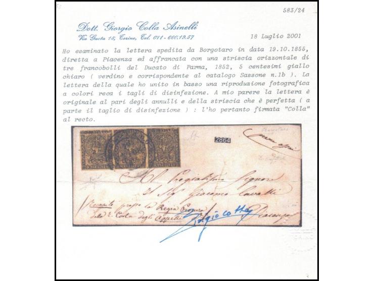 Duchy of Parma – 1855 Cover to Piacenza with 1852 5c Yellow-Green, Sassone #8Folded entire sent from Borgotaro to Piacenza, d