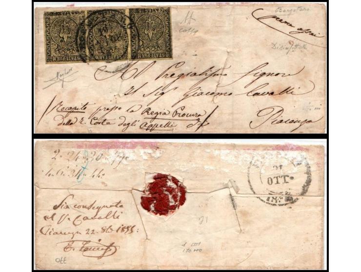 Duchy of Parma – 1855 Cover to Piacenza with 1852 5c Yellow-Green, Sassone #8Folded entire sent from Borgotaro to Piacenza, d