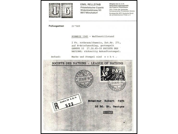 Switzerland 1945 Registered Cover from Société des Nations, (League of Nations) in Geneva, franked with the 2 franc Pax stamp