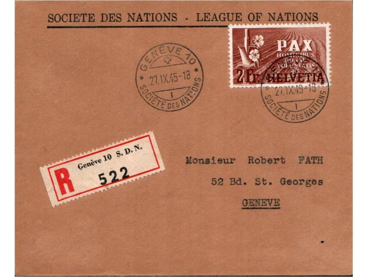 Switzerland 1945 Registered Cover from Société des Nations, (League of Nations) in Geneva, franked with the 2 franc Pax stamp