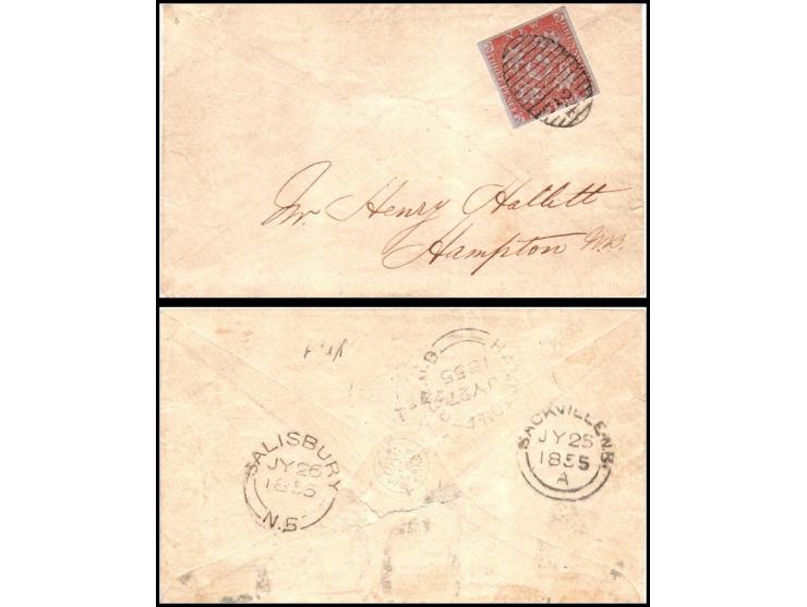 New Brunswick: 1855 envelope to Hampton, franked with 1851 3d dull red (SG 2), tied by crisp Sackville "200" barred numeral, 