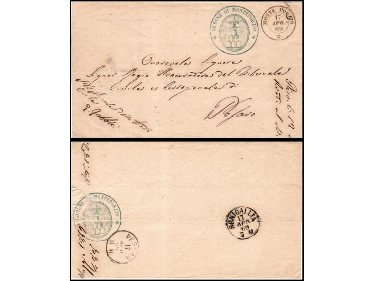 Italy 1869, Stampless Folded Letter from Monte Porzio to Pesaro via SenigalliaFolded letter bearing a clear double-circle Sar