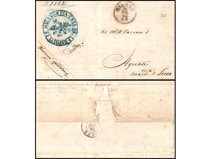 Italy 1867 cover from Milano to Mandello del Lario (Lecco), bearing a clear blue circular "Pia Casa degli Esposti" cachet of 