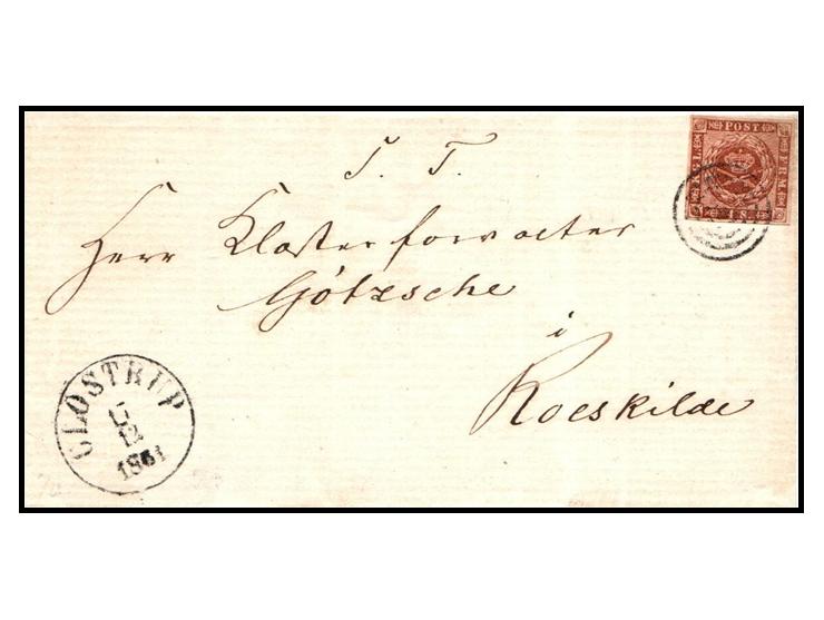 Denmark 1861, cover bearing 4 sk. (1858) brown with good margins, tied by mute grid cancel, sent from Glostrup to Roskilde. C