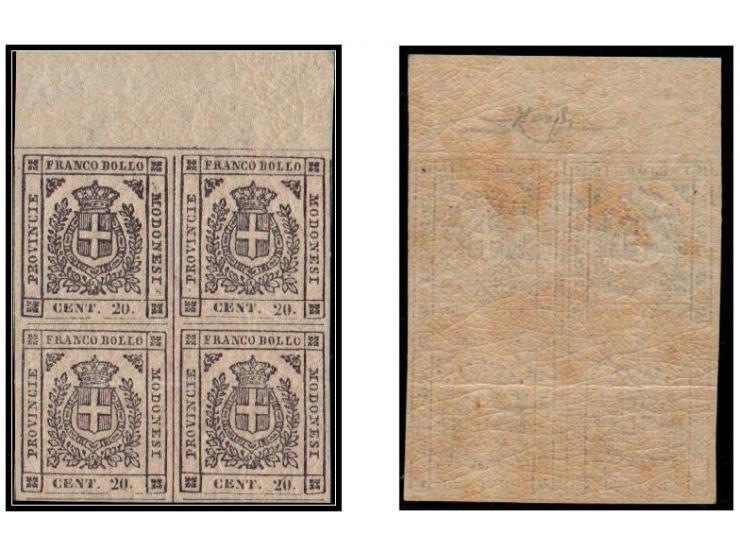 Modena, 1859 – Provisional Government, 20 c. violet block of four (Michel 9a, Sassone 15, €22,000)Unused block of four 20 cen