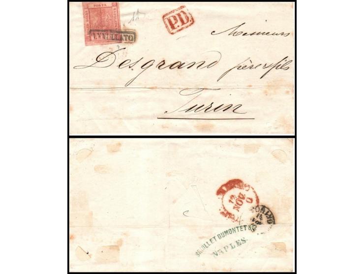 Italian States, Napoli, 1859 – Folded letter from Nepales to Turin, franked with 5 Grana carmine-pink, II Plate, canceled wit