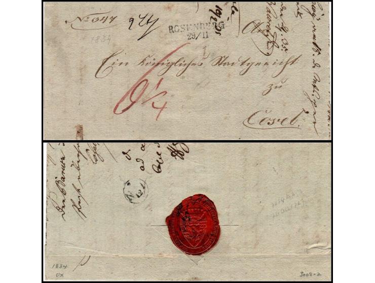 Prussian Silesia, 1834 – Official Cover from the Royal Bailiwick Court, Koźle (Cosel)Manuscript rate “6 ¼” in red by hand, in