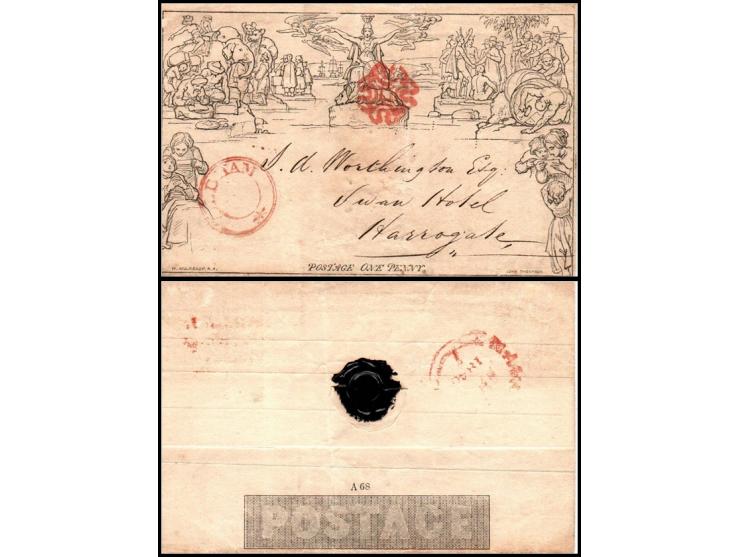 GREAT BRITAIN — 1840 1d Mulready letter sheet (Stereo A68, Form 3)Originally posted from Macclesfield to Harrogate via Oldham