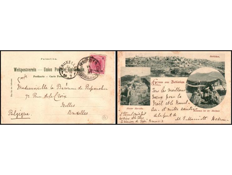 1897, postcard from Jerusalem to Brussels, Belgium, franked by a 20para stamp, tied by a strong Jerusalem CDS, also bears a B