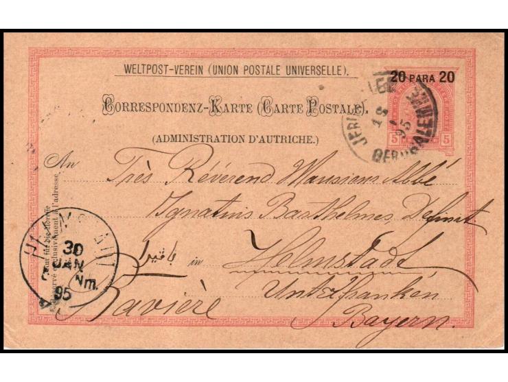1895, postcard from Jerusalem - Gerusalem post 18.1.95 to Germany Bavaria, franked by a 20para printed Prepaid, tied by a str