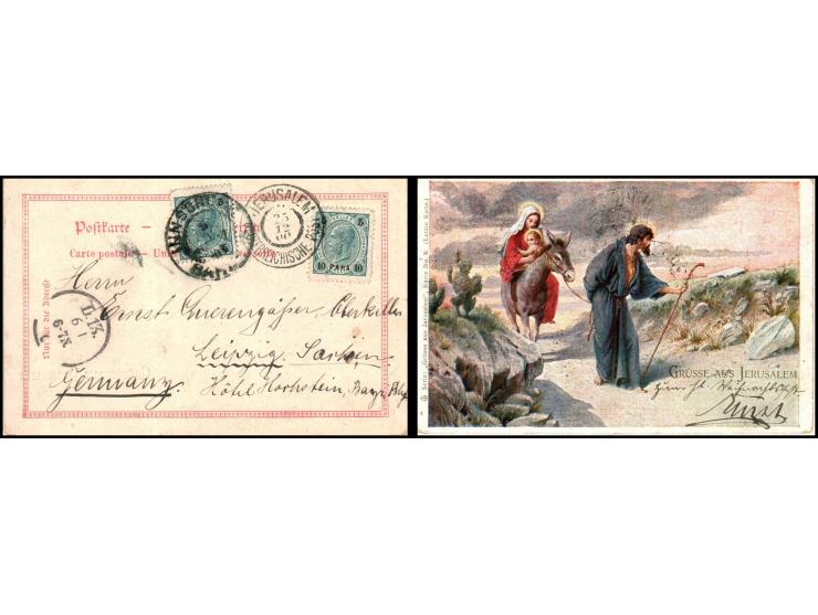 1900 Colored illustrated postcard sent from the Austrian post office in Jerusalem to Germany dated 25.12.1900, &nbsp;Sequence