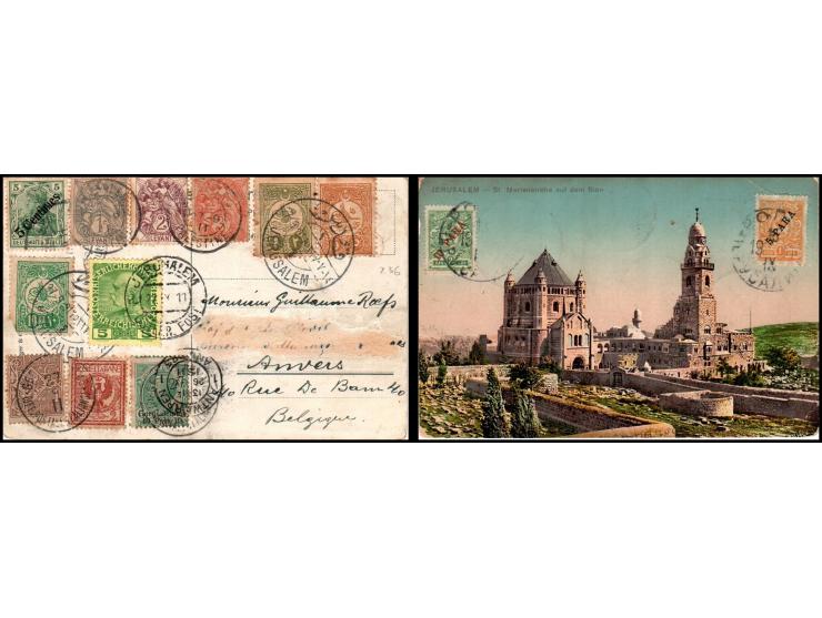 1911 - Colored PPC "Dormition Church" on Mount Zion, Jerusalem. Postage used are "samples" of the Turkish, German, Austrian, 