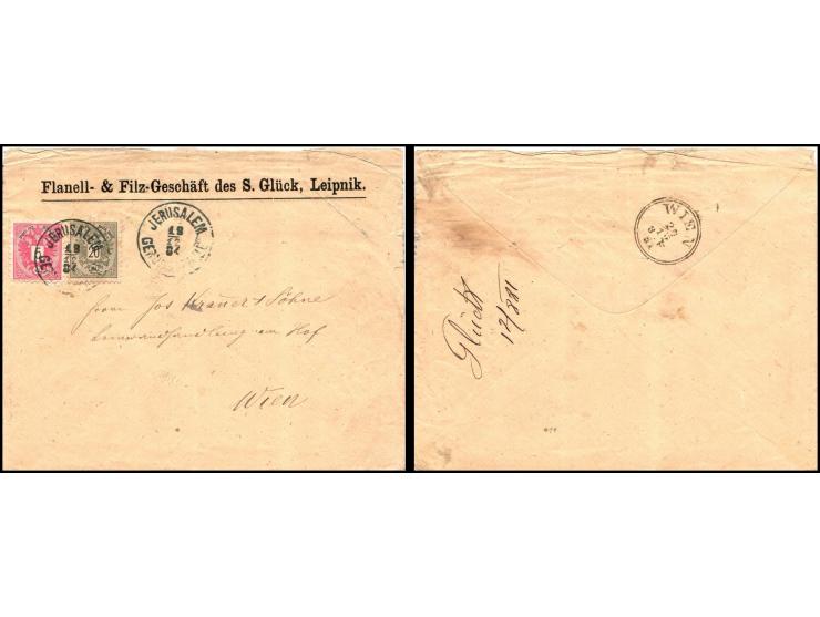Austrian Post Jetusalem - cover to Wien franked 5+20sld (Mc 10A+128) "post&nbsp; in der Levante" 1883 issue tied to cover by 