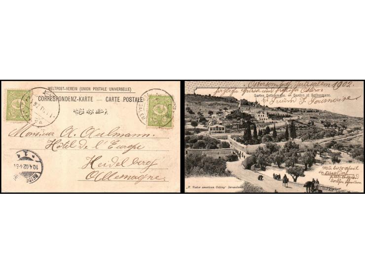 1902 Illustrated postcard sent from the Ottoman Post Office in Jerusalem via the Jaffa branch sent to the Hotel Heidelberg, G